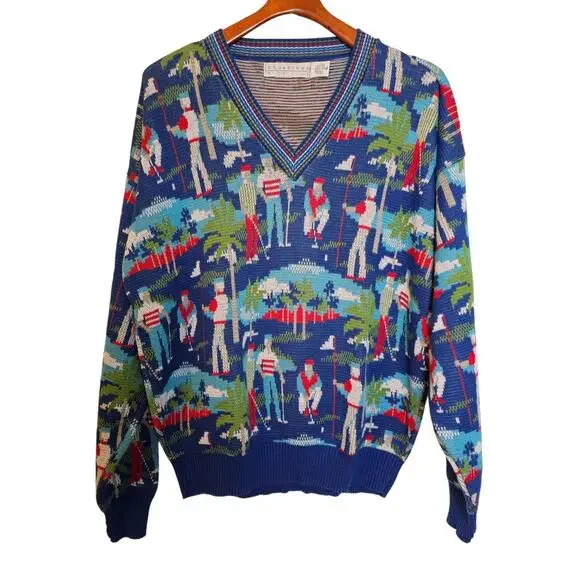 Crossings Rare Vintage Golf Themed Dadcore V-Neck Pullover Cotton Sweater